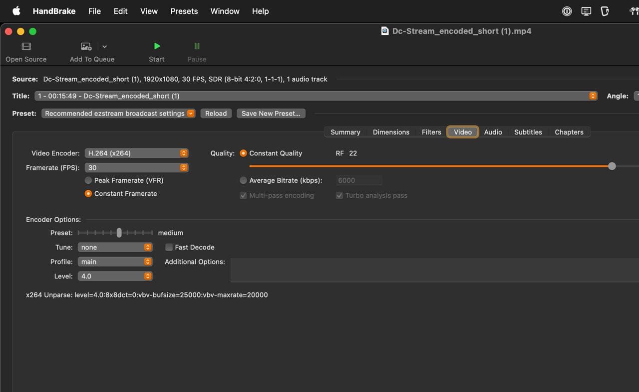 HandBrake Video Settings Screenshot